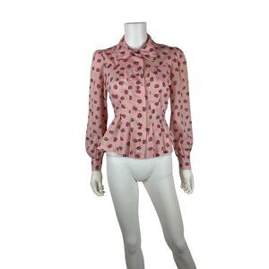 Vintage 70s Pink Roses Shirt Womens M Printed Long Sleeve Feminine Girly Blouse